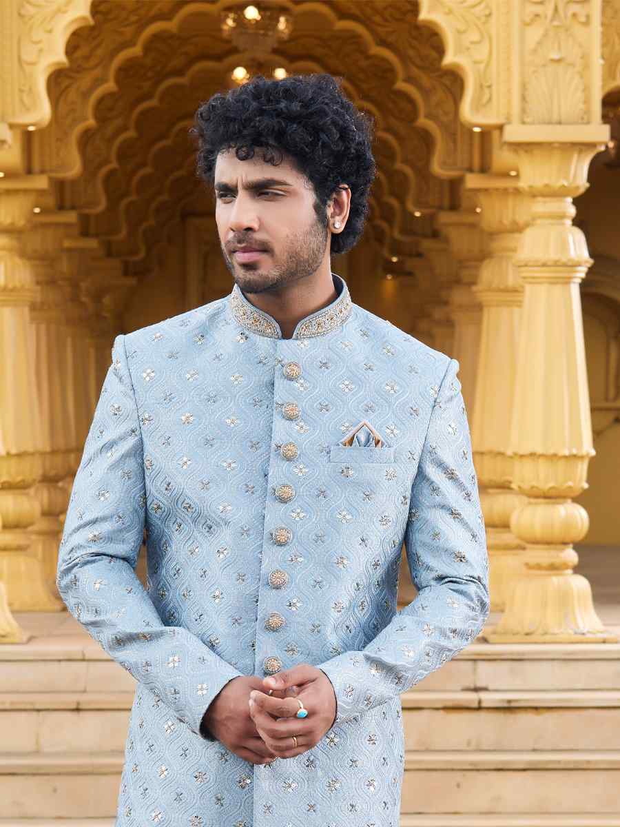 Sky Art Silk Woven Wedding Groom Sherwani