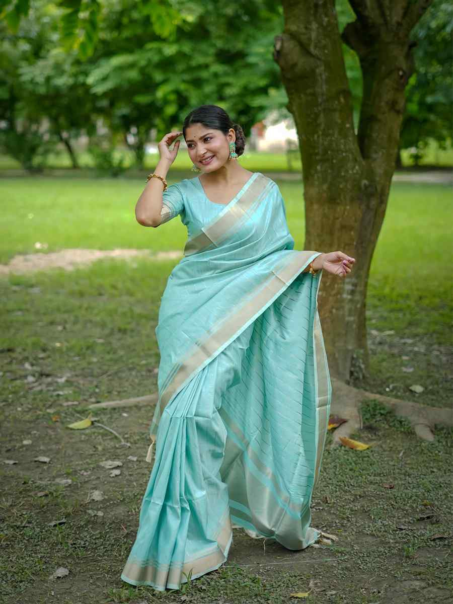 Sky Banarasi Raw Silk Handwoven Festival Wedding Heavy Border Saree