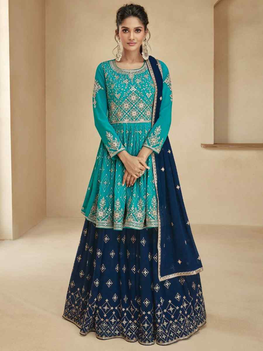 Sky Blooming Georgette Embroidered Festival Mehendi Sharara Pant Salwar Kameez