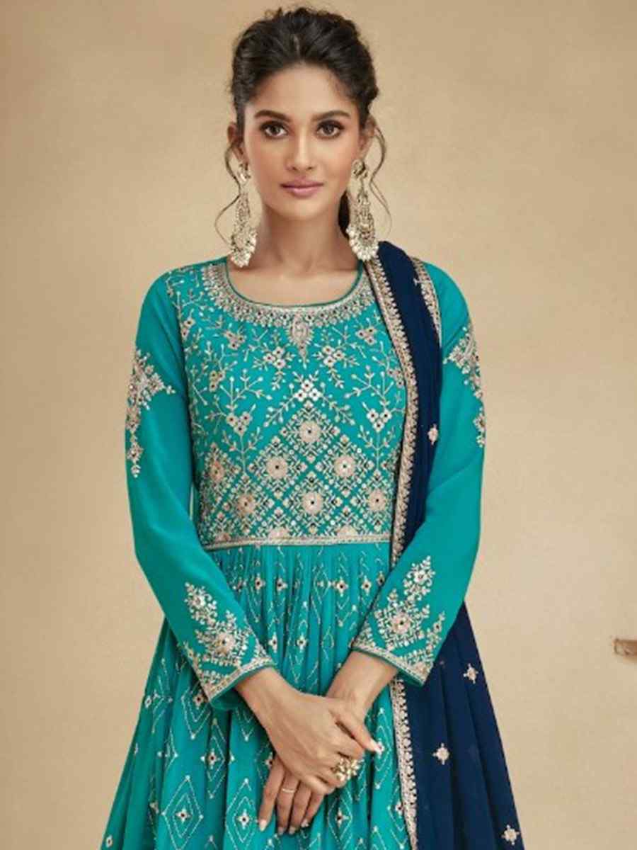 Sky Blooming Georgette Embroidered Festival Mehendi Sharara Pant Salwar Kameez