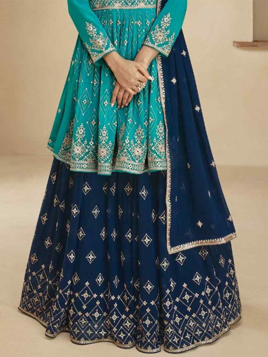 Sky Blooming Georgette Embroidered Festival Mehendi Sharara Pant Salwar Kameez