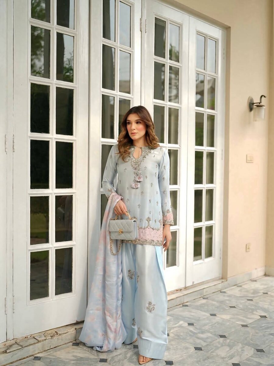 Sky Blue Pure Japan Satin Silk Embroidery Sequins Zari Wedding Party Festival Casual Ready Palazzo Pant Salwar Kameez