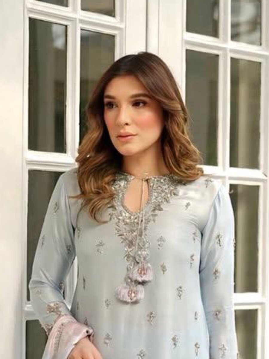 Sky Blue Pure Japan Satin Silk Embroidery Sequins Zari Wedding Party Festival Casual Ready Palazzo Pant Salwar Kameez