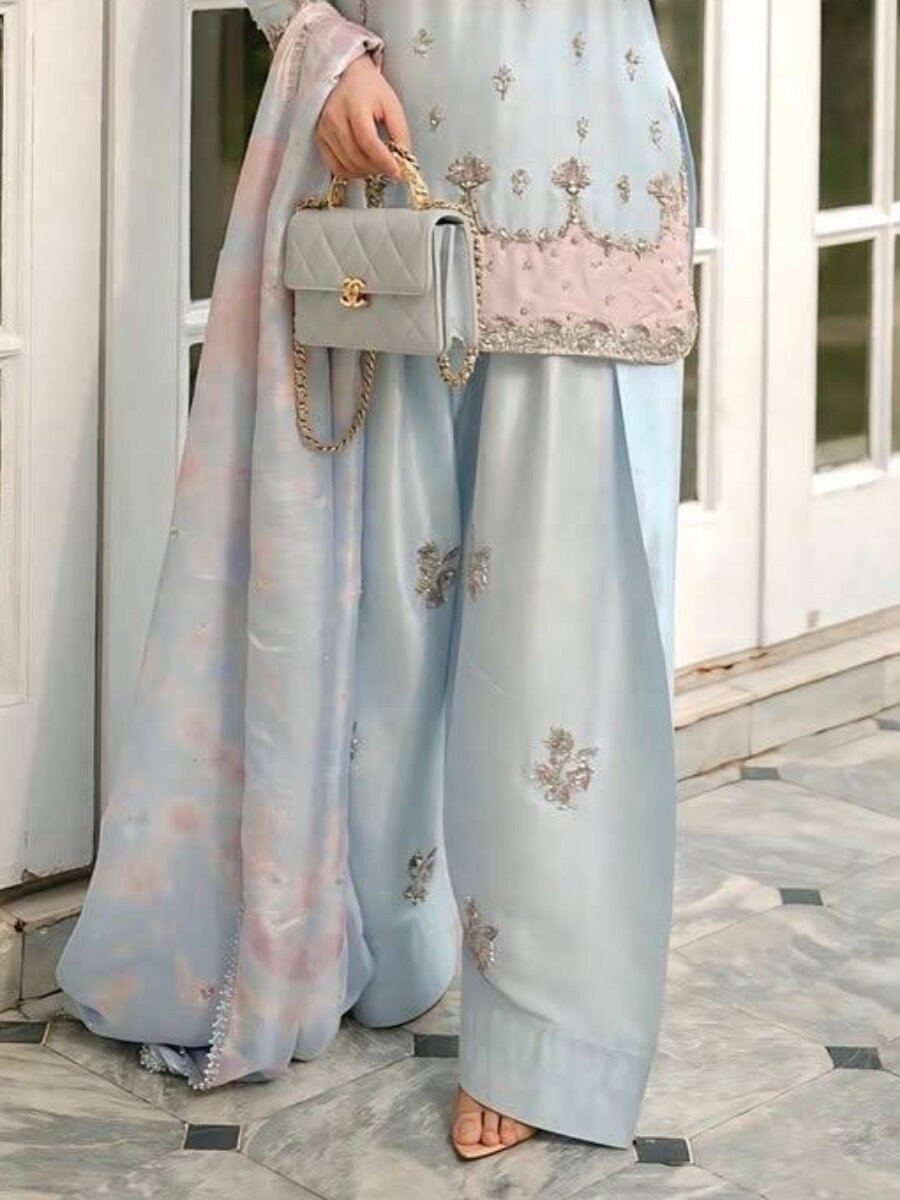 Sky Blue Pure Japan Satin Silk Embroidery Sequins Zari Wedding Party Festival Casual Ready Palazzo Pant Salwar Kameez