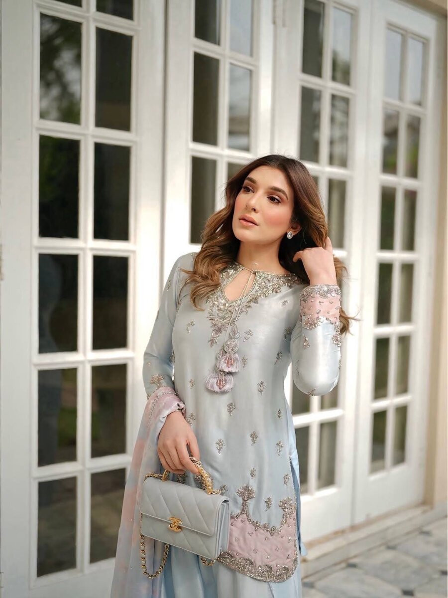 Sky Blue Pure Japan Satin Silk Embroidery Sequins Zari Wedding Party Festival Casual Ready Palazzo Pant Salwar Kameez