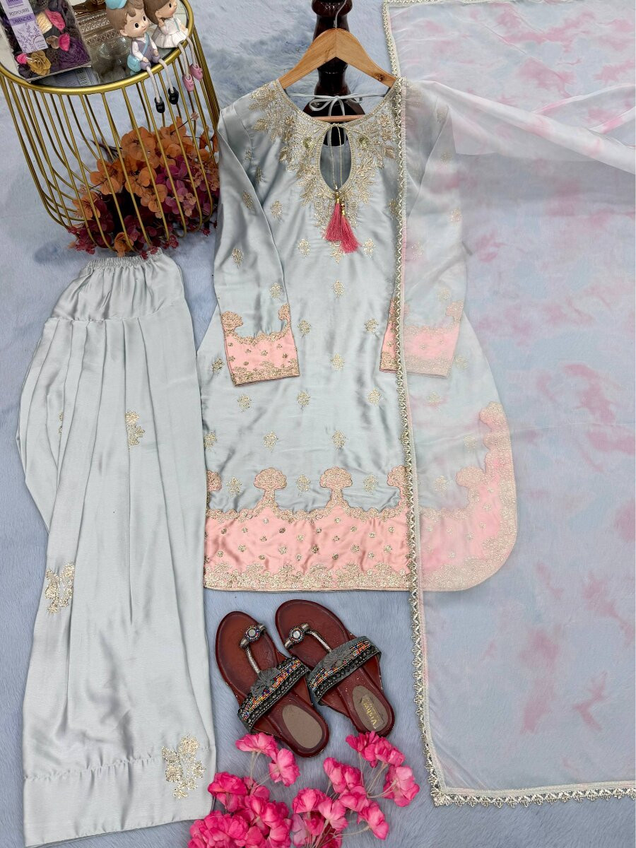Sky Blue Pure Japan Satin Silk Embroidery Sequins Zari Wedding Party Festival Casual Ready Palazzo Pant Salwar Kameez