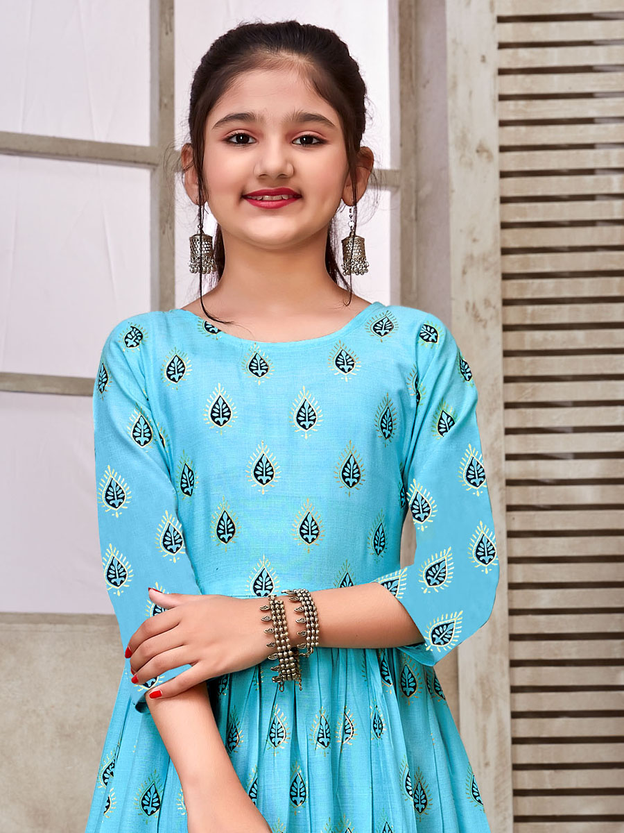 Sky Blue 14 KG Reyon Printed Festival Casual Salwars Girls Wear