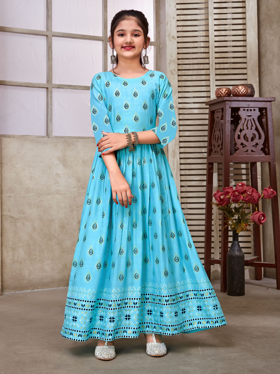 Sky Blue 14 KG Reyon Printed Festival Casual Salwars Girls Wear