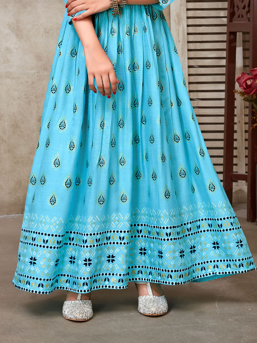 Sky Blue 14 KG Reyon Printed Festival Casual Salwars Girls Wear
