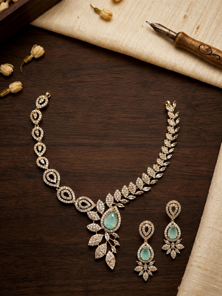 Image of Sky Blue A.D. Stone Diamond Gemstone Festival Party Wedding Floral &amp; Leaf Design Necklace Set With Earrings
