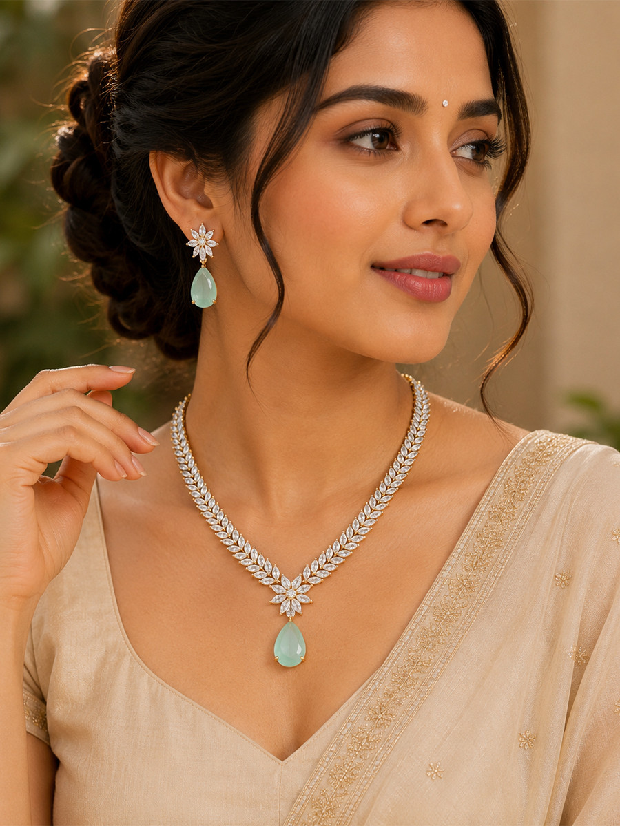 Sky Blue AD Stone Gemstone Festival Party Wedding Necklace Set With Earrings