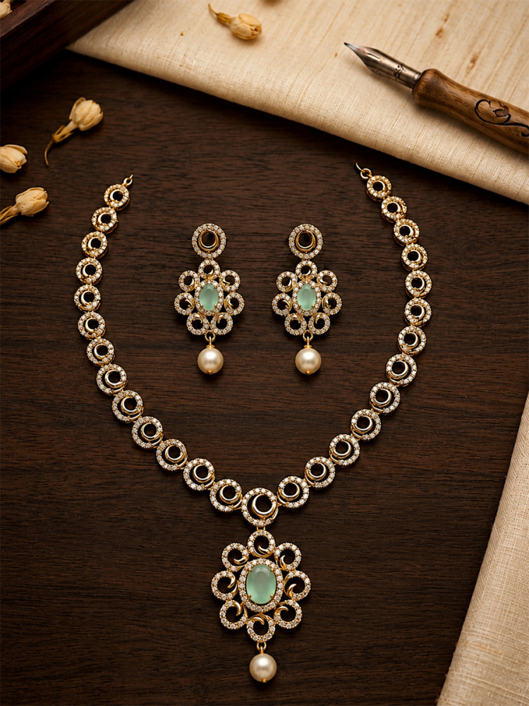 Image of Sky Blue A.D. Stone Gemstone Pearls Festival Party Wedding Necklace Set With Earrings