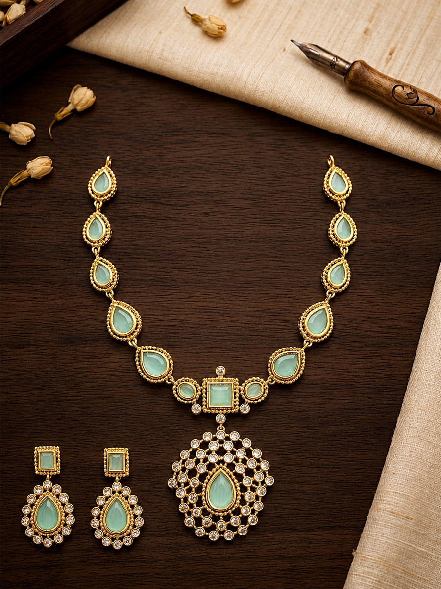 Sky Blue AD Stone Gemstone Stone Festival Party Wedding Necklace Set With Earrings