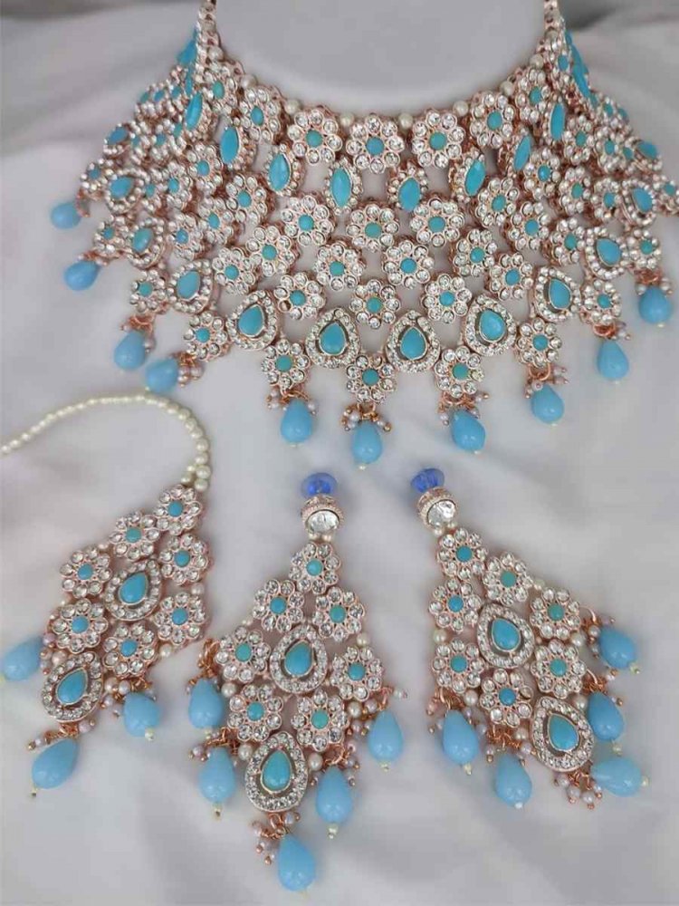 Sky Blue Alloy Bridal Wear Kundan Necklace