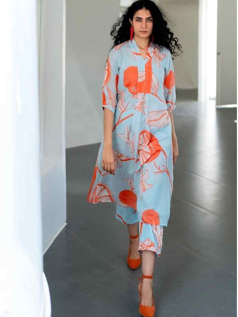 Sky Blue & Orange Viscose Printed Party Wedding Ready Pant Salwar Kameez