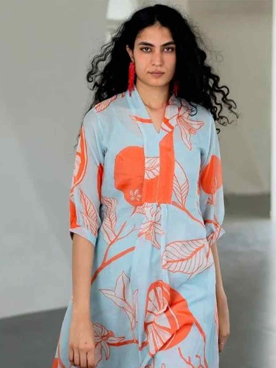 Sky Blue & Orange Viscose Printed Party Wedding Ready Pant Salwar Kameez