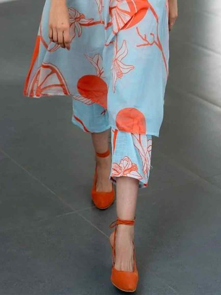 Sky Blue & Orange Viscose Printed Party Wedding Ready Pant Salwar Kameez
