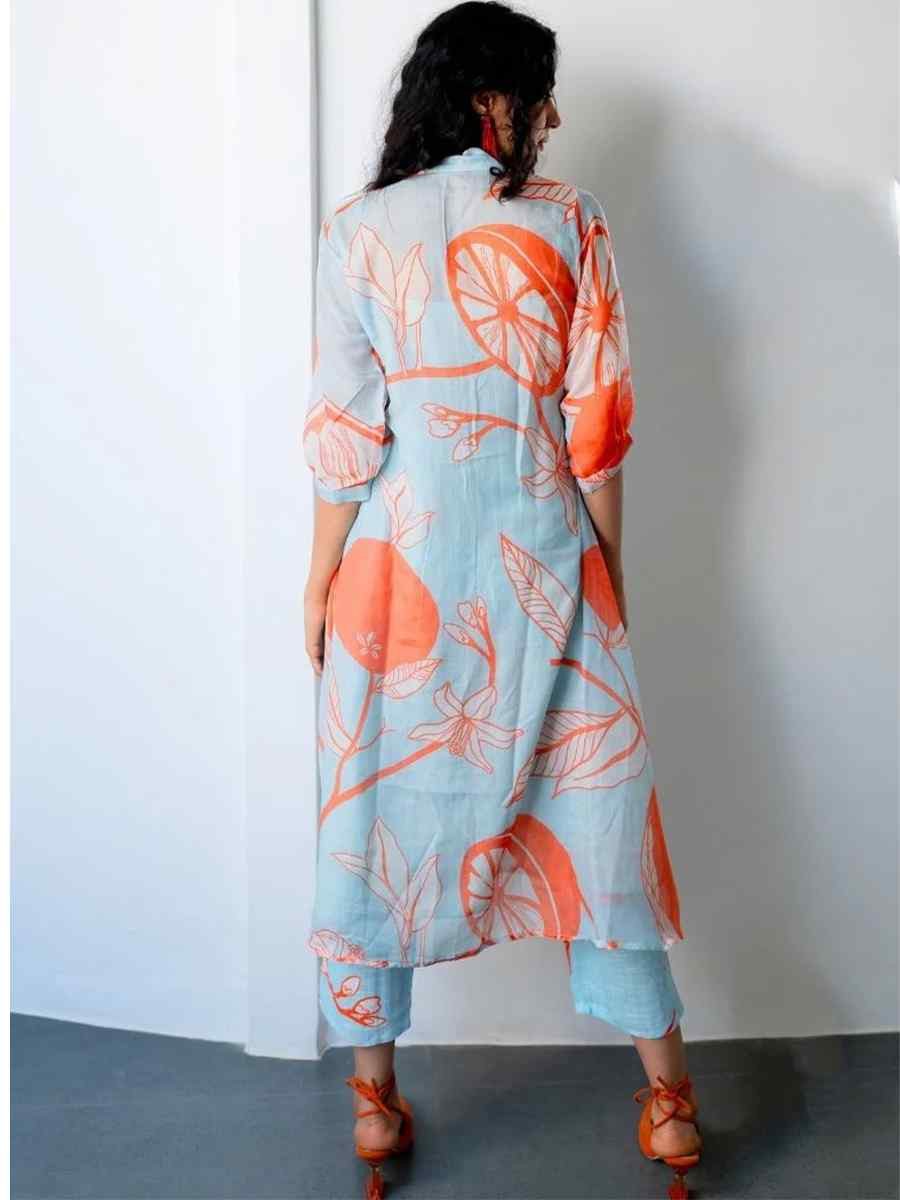 Sky Blue & Orange Viscose Printed Party Wedding Ready Pant Salwar Kameez