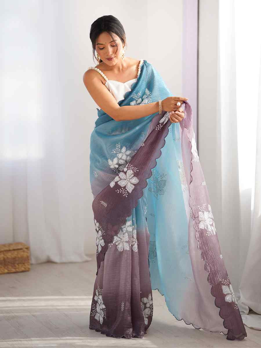 Sky Blue and Grey Crunchy Crush Embroidered Festival Wedding Fancy Heavy Border Saree