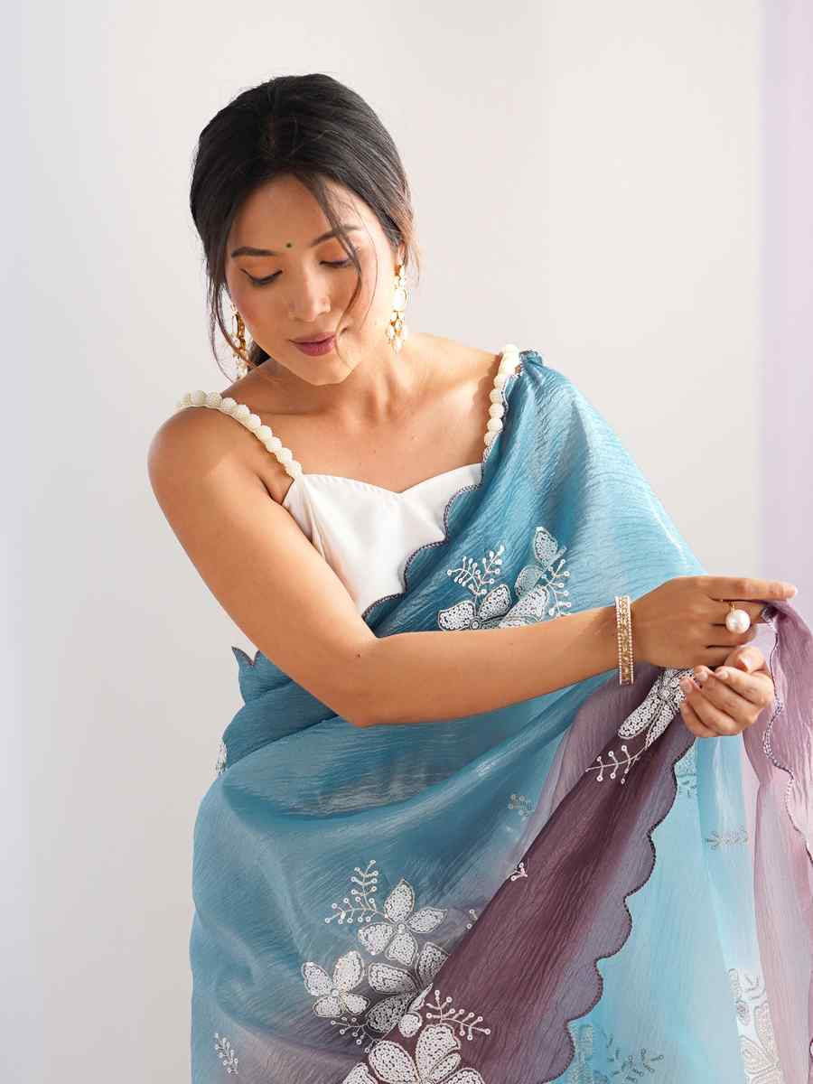 Sky Blue and Grey Crunchy Crush Embroidered Festival Wedding Fancy Heavy Border Saree