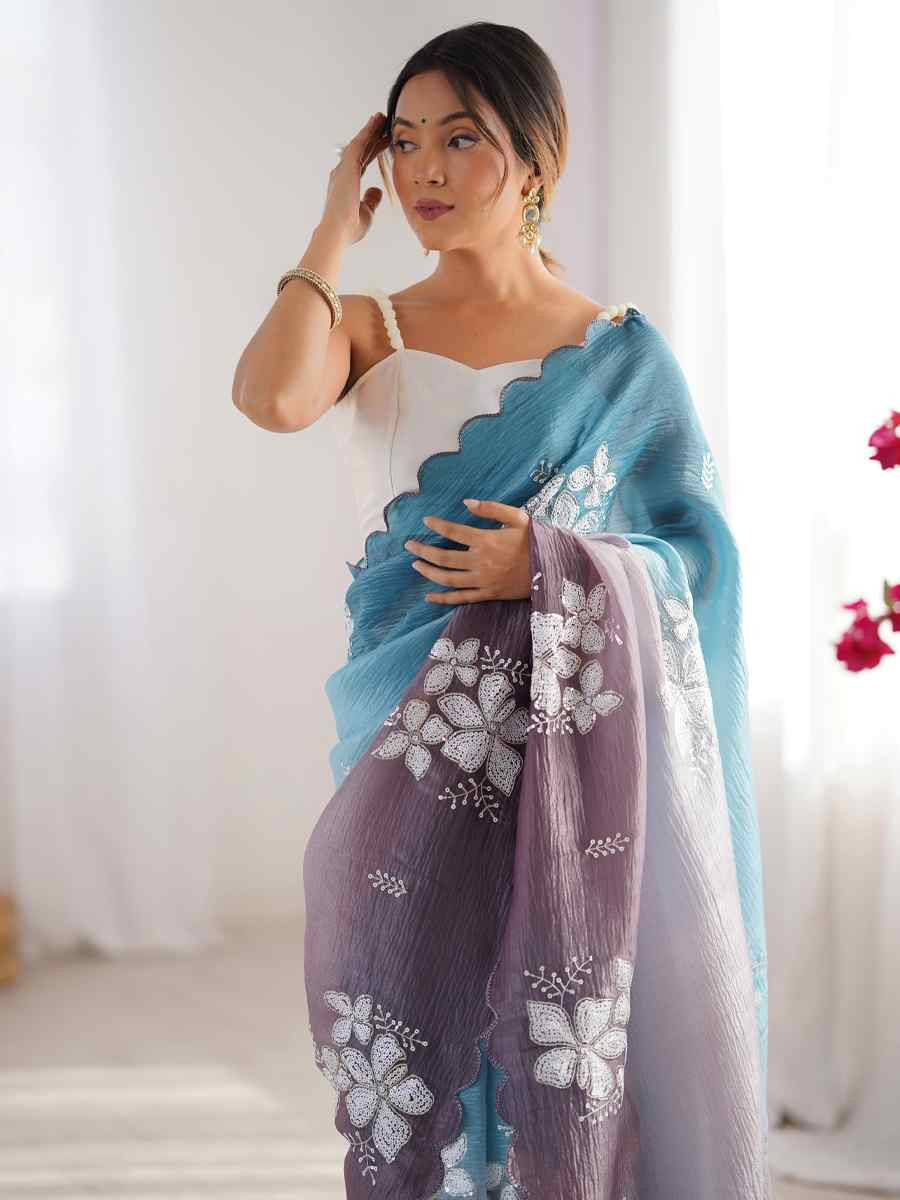 Sky Blue and Grey Crunchy Crush Embroidered Festival Wedding Fancy Heavy Border Saree