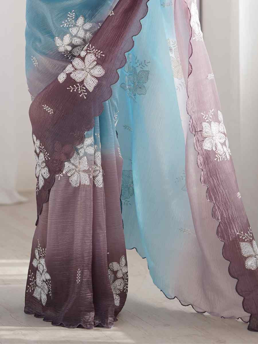 Sky Blue and Grey Crunchy Crush Embroidered Festival Wedding Fancy Heavy Border Saree