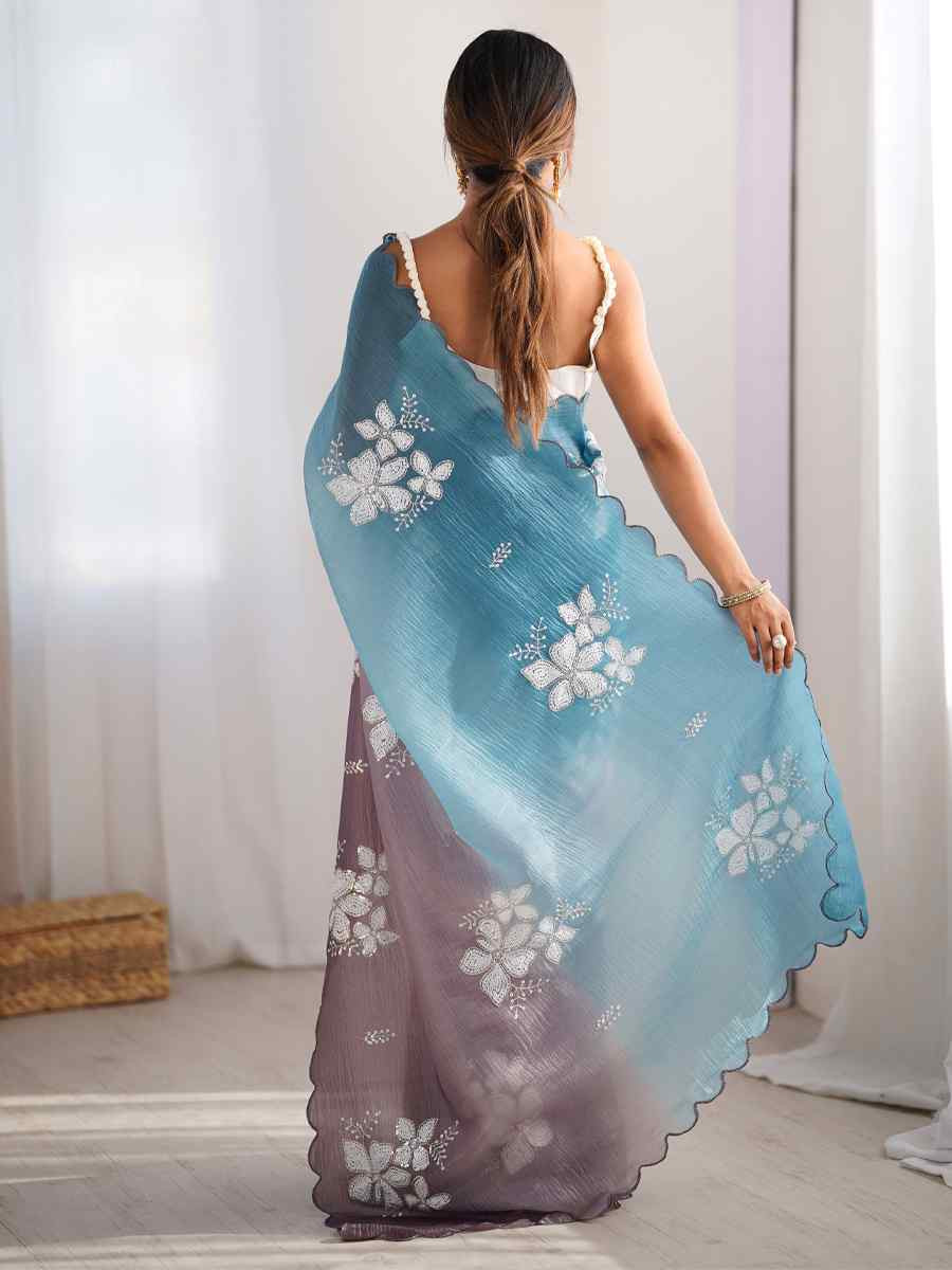 Sky Blue and Grey Crunchy Crush Embroidered Festival Wedding Fancy Heavy Border Saree