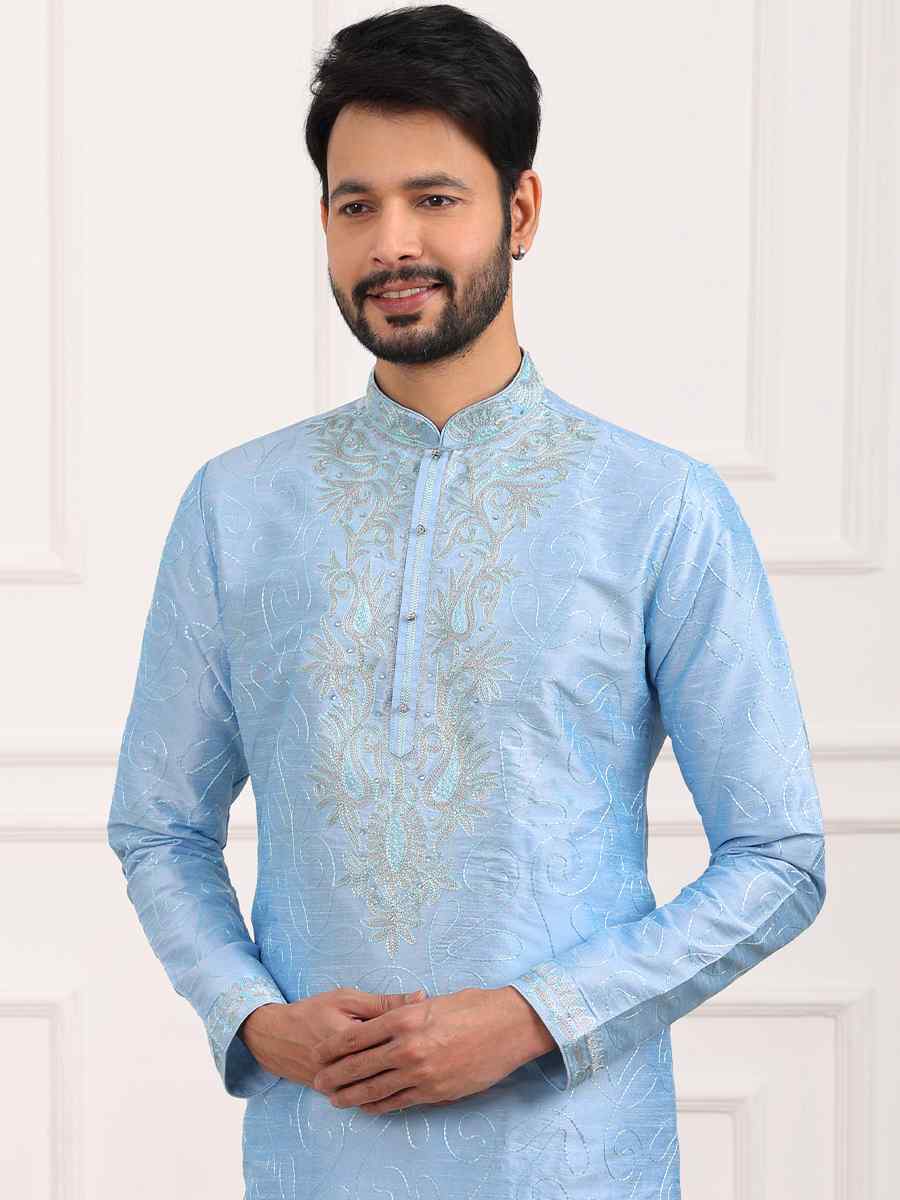 Sky Blue Art Banarasi Silk Woven Festival Wedding Kurta