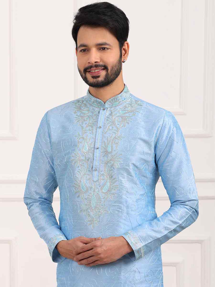 Sky Blue Art Banarasi Silk Woven Festival Wedding Kurta