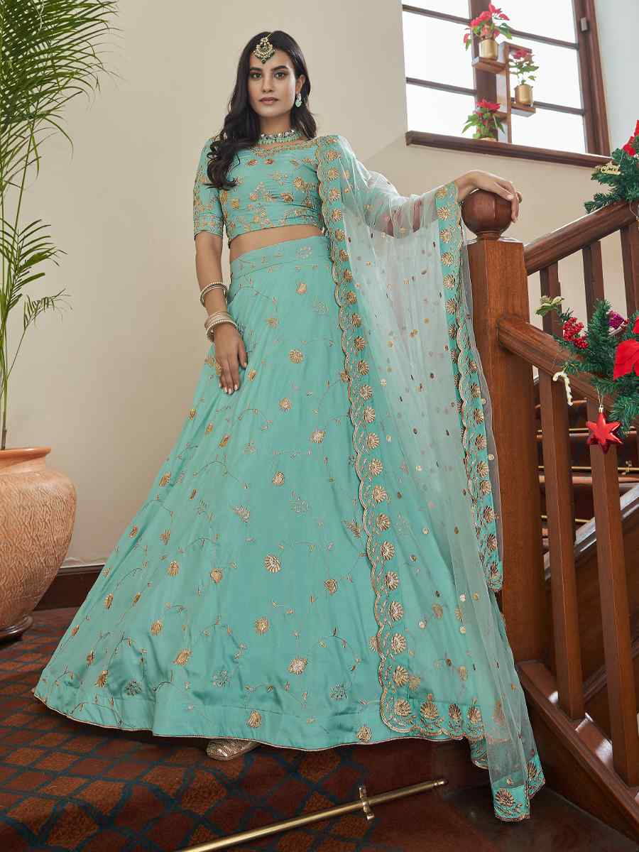 Sky Blue Art Silk Embroidered Festival Party Wear Heavy Border Lehenga Choli