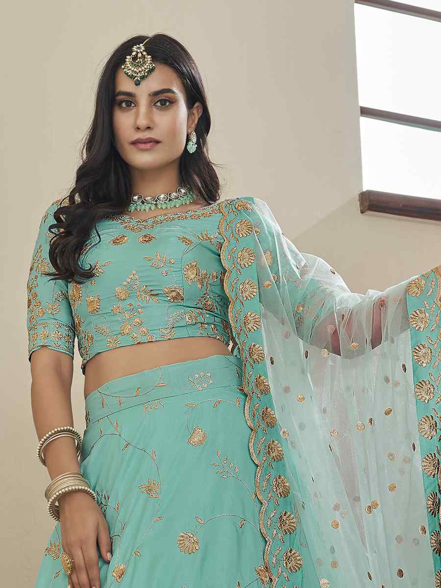 Sky Blue Art Silk Embroidered Festival Party Wear Heavy Border Lehenga Choli
