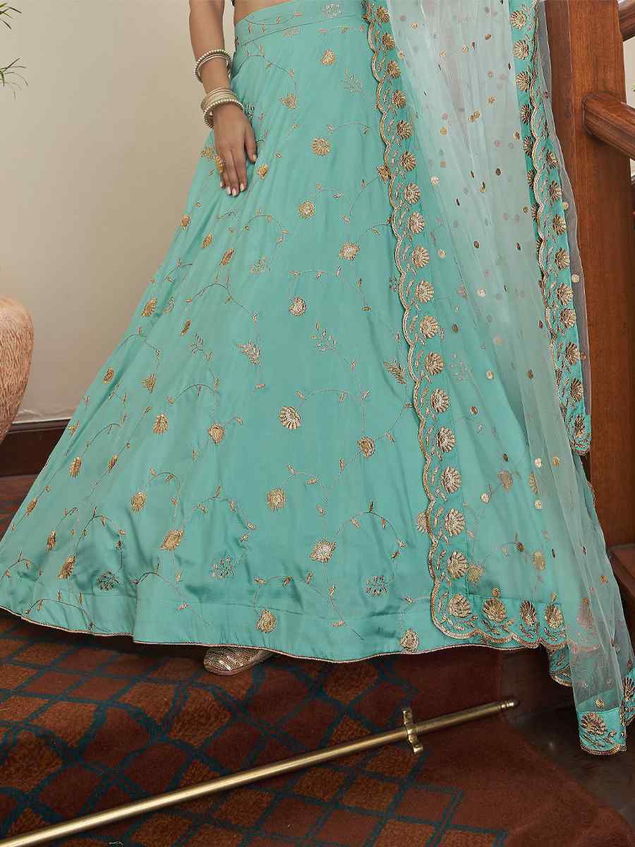 Sky Blue Art Silk Embroidered Festival Party Wear Heavy Border Lehenga Choli