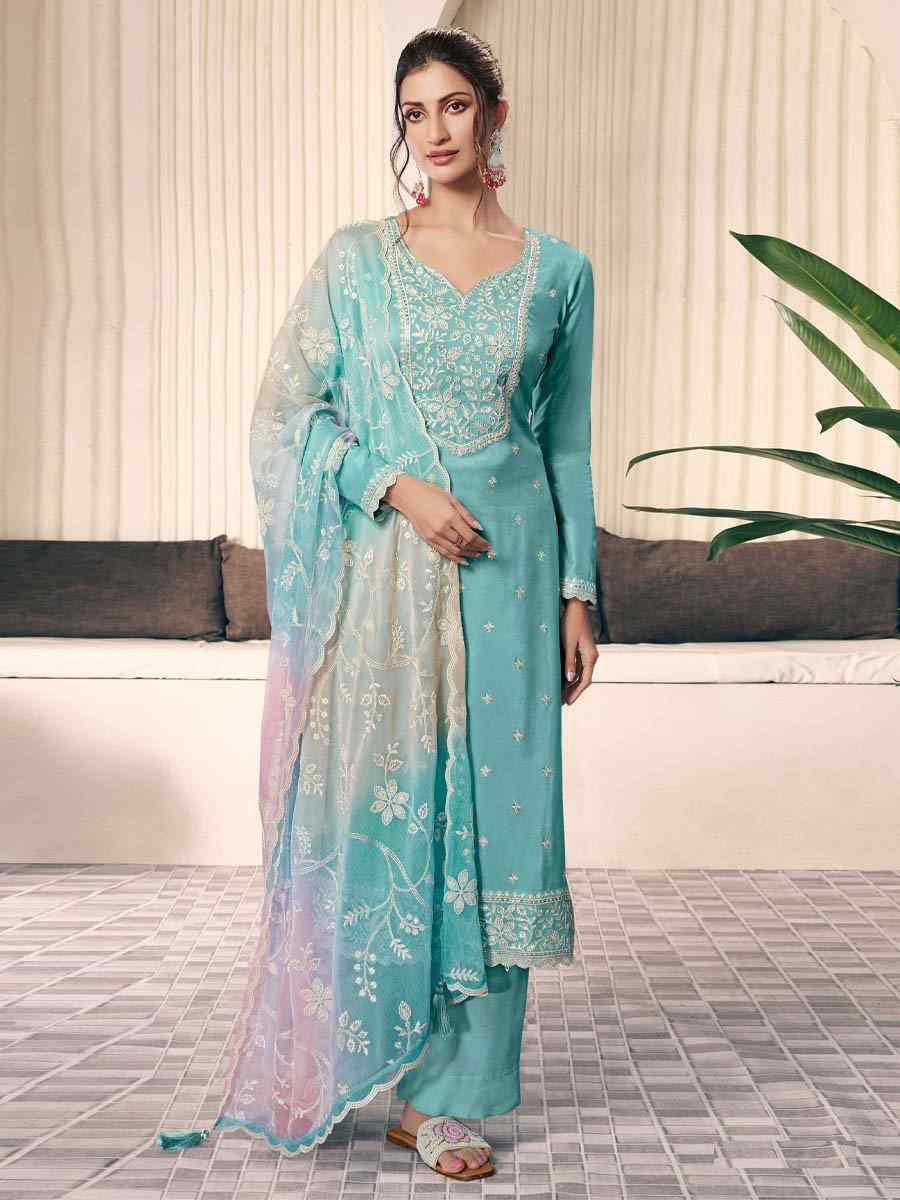 Sky Blue Art Silk Embroidered Festival Wedding Pant Salwar Kameez