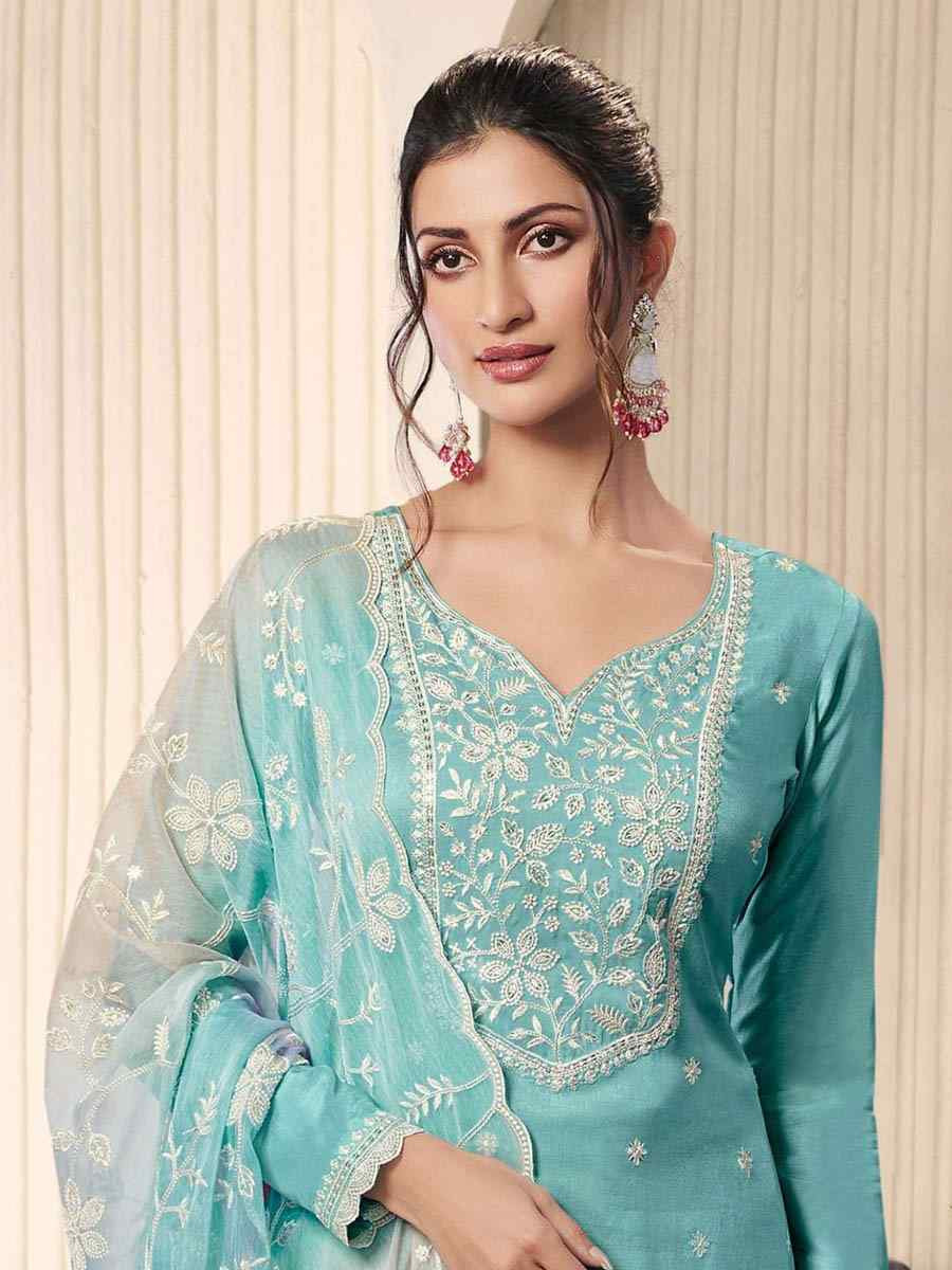 Sky Blue Art Silk Embroidered Festival Wedding Pant Salwar Kameez