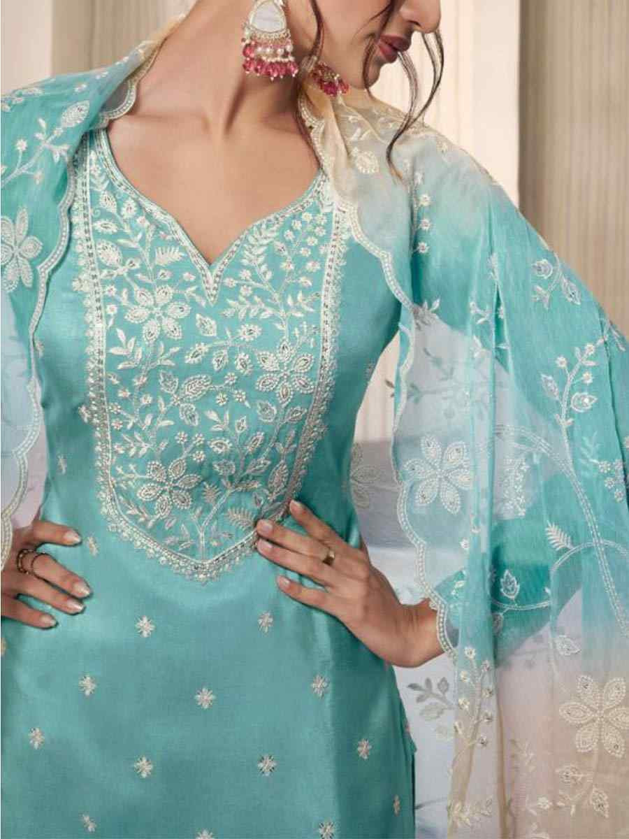 Sky Blue Art Silk Embroidered Festival Wedding Pant Salwar Kameez