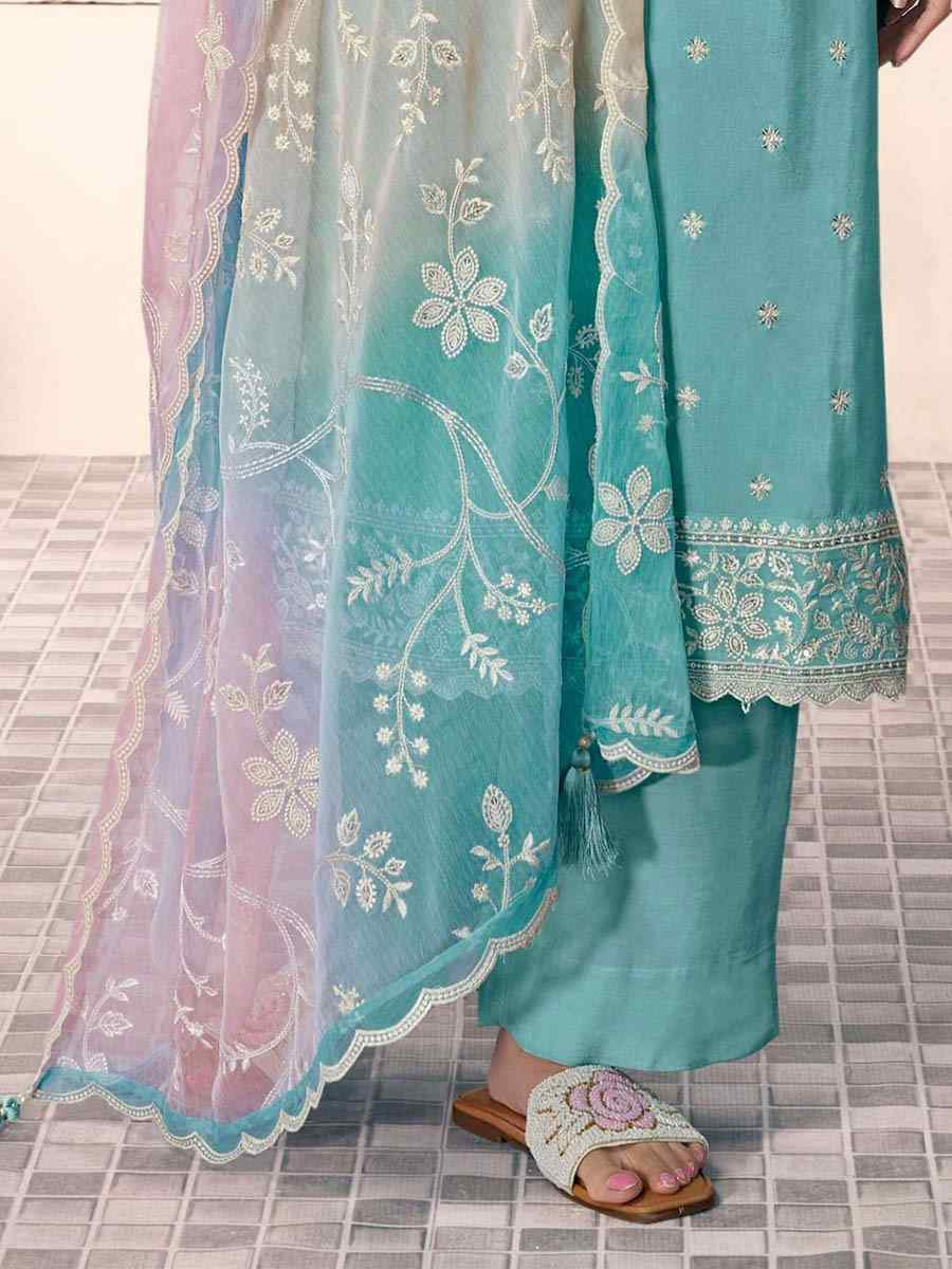 Sky Blue Art Silk Embroidered Festival Wedding Pant Salwar Kameez