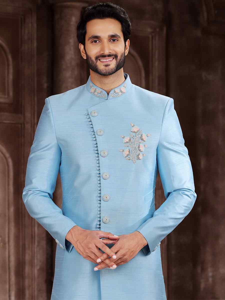Sky Blue Art Silk Embroidered Wedding Groom Sherwani