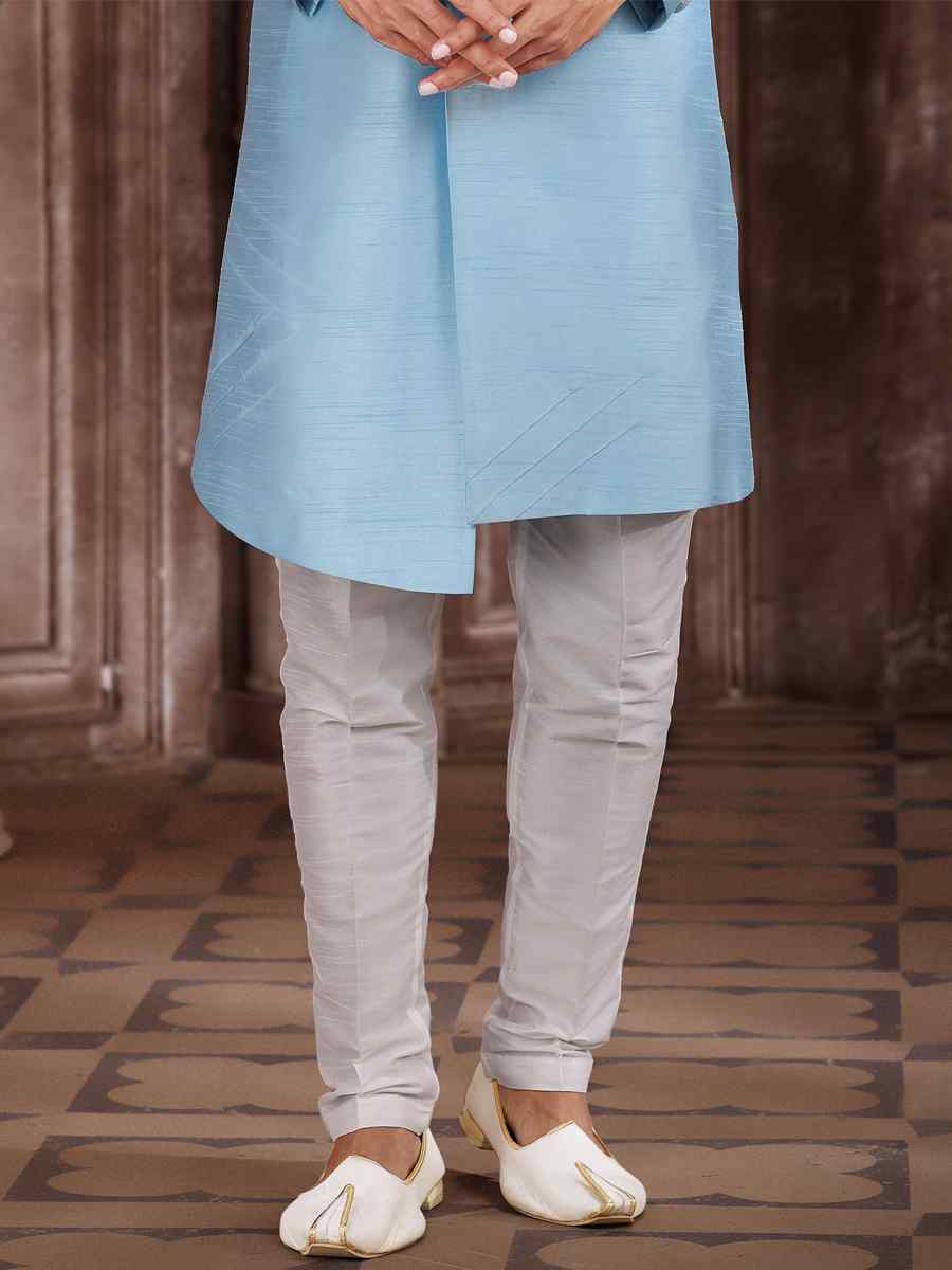 Sky Blue Art Silk Embroidered Wedding Groom Sherwani