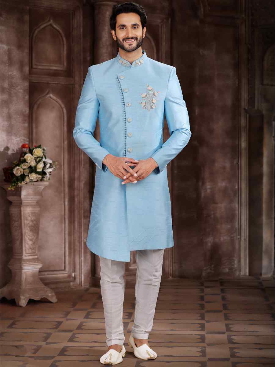 Sky Blue Art Silk Embroidered Wedding Groom Sherwani
