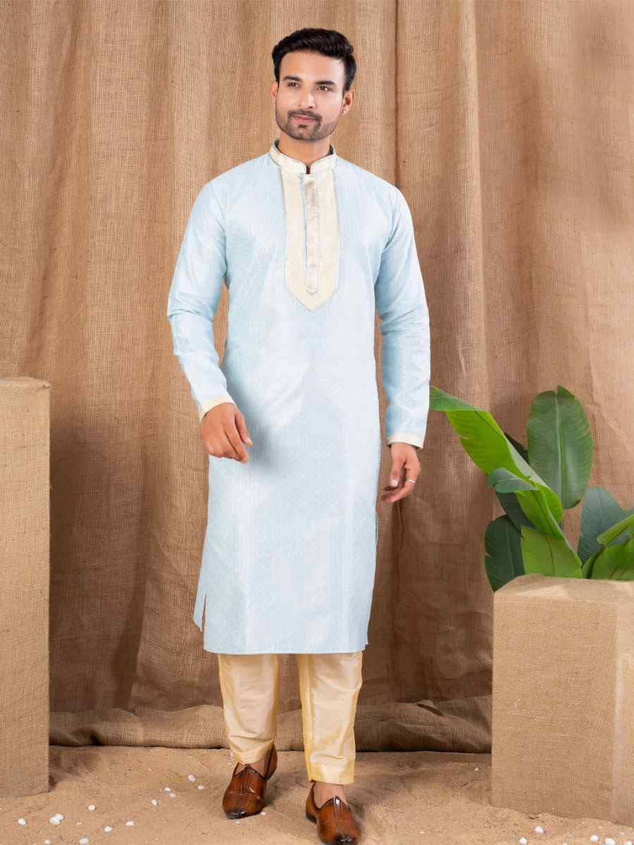 Sky Blue Art Silk Embroidery Festival Wedding Party Mens Kurta