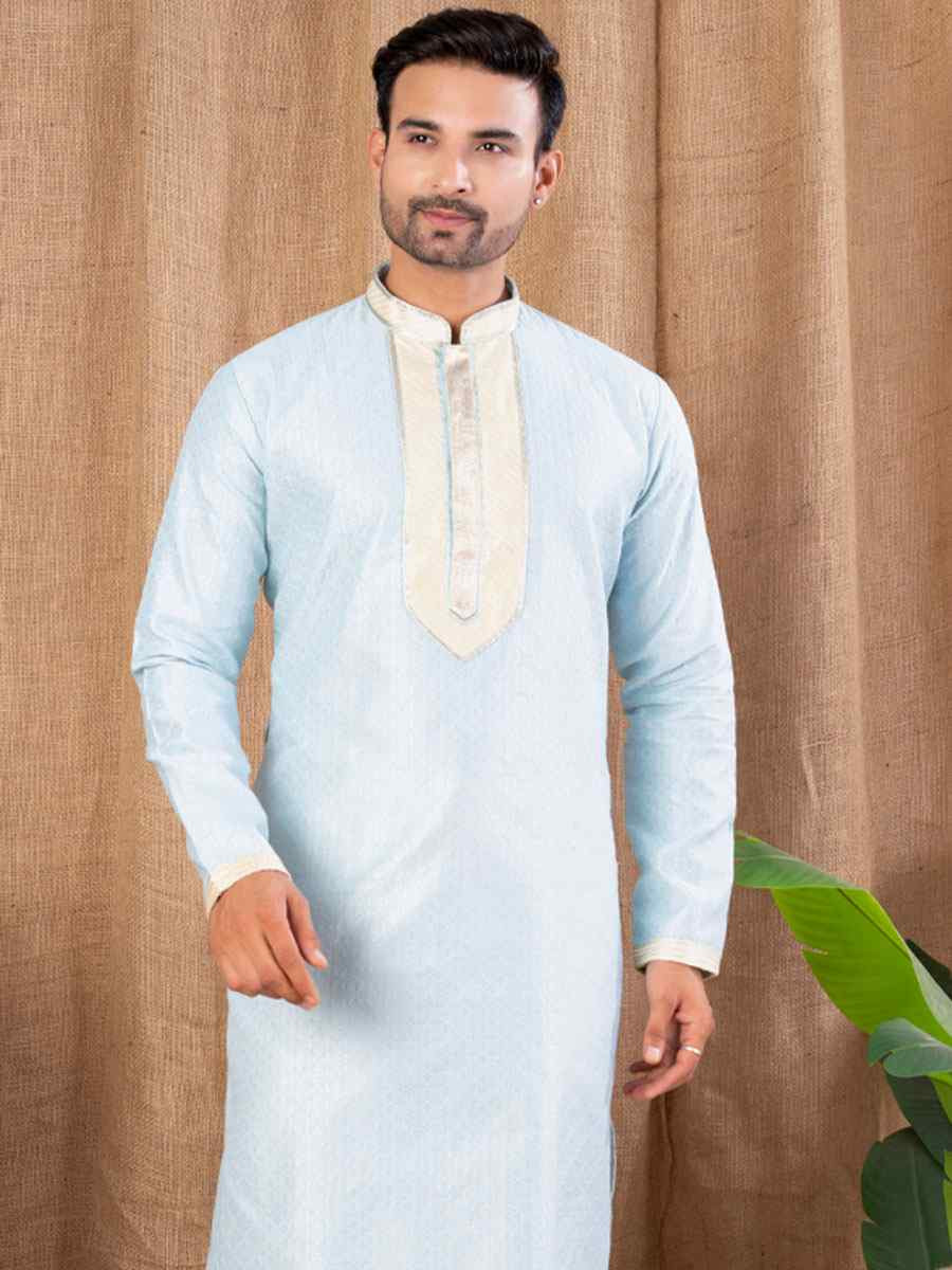 Sky Blue Art Silk Embroidery Festival Wedding Party Mens Kurta
