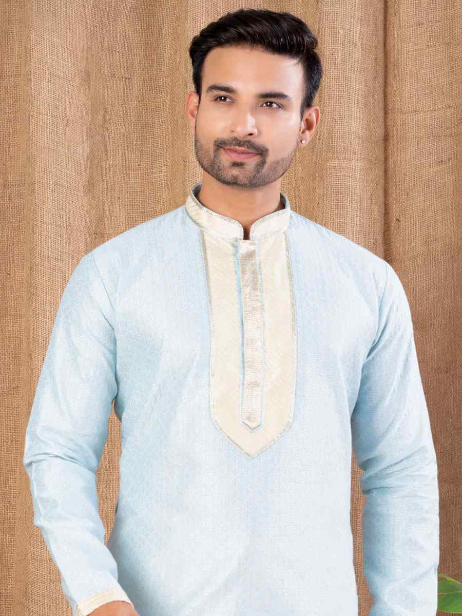 Sky Blue Art Silk Embroidery Festival Wedding Party Mens Kurta