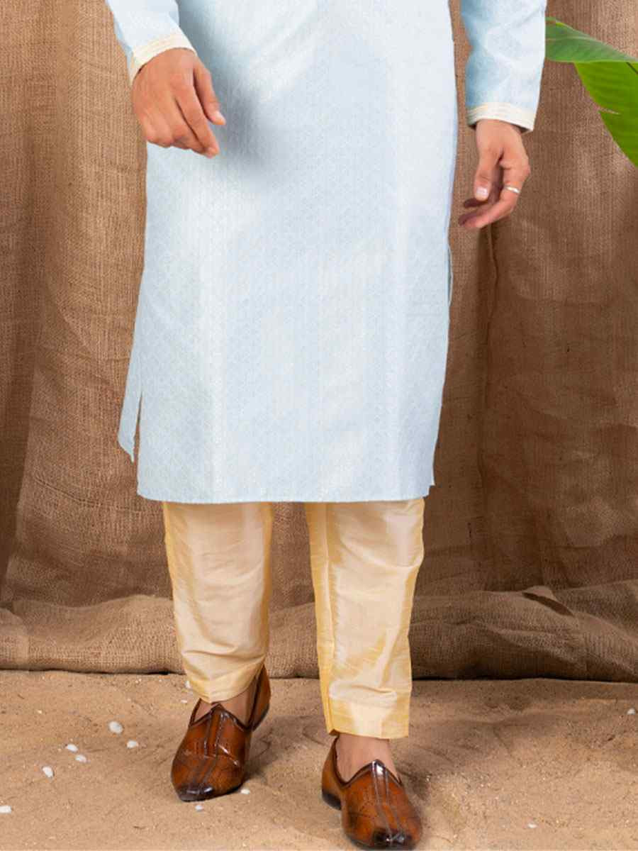Sky Blue Art Silk Embroidery Festival Wedding Party Mens Kurta