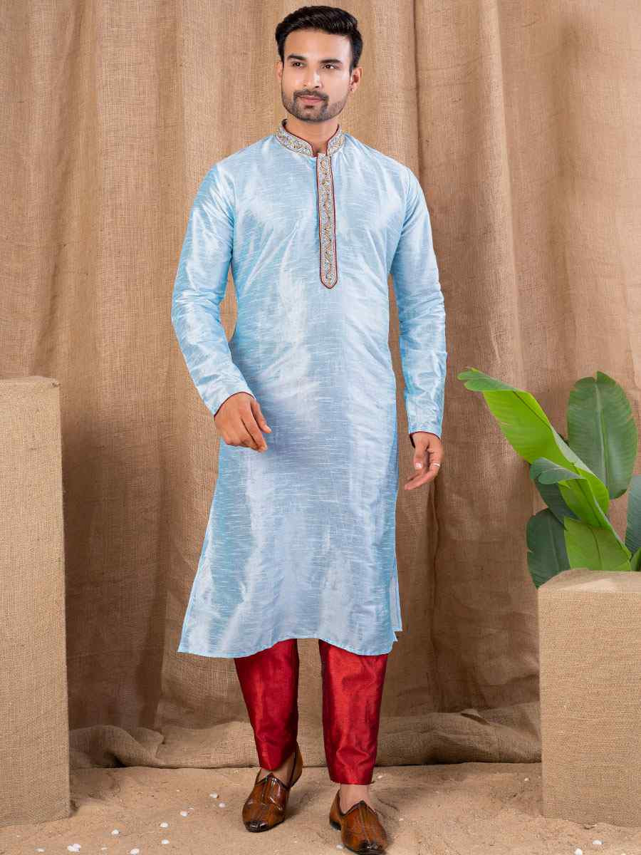 Sky Blue Art Silk Embroidery Festival Wedding Party Mens Kurta