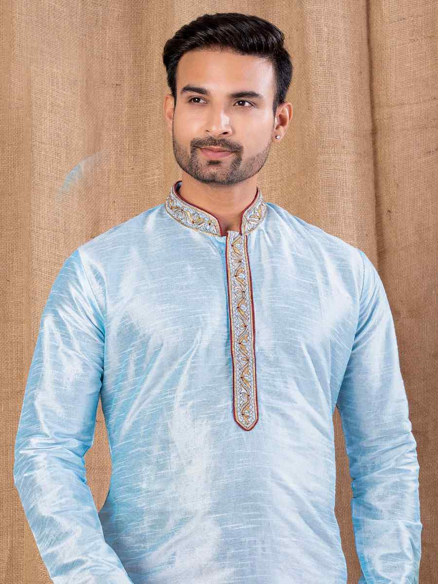 Sky Blue Art Silk Embroidery Festival Wedding Party Mens Kurta