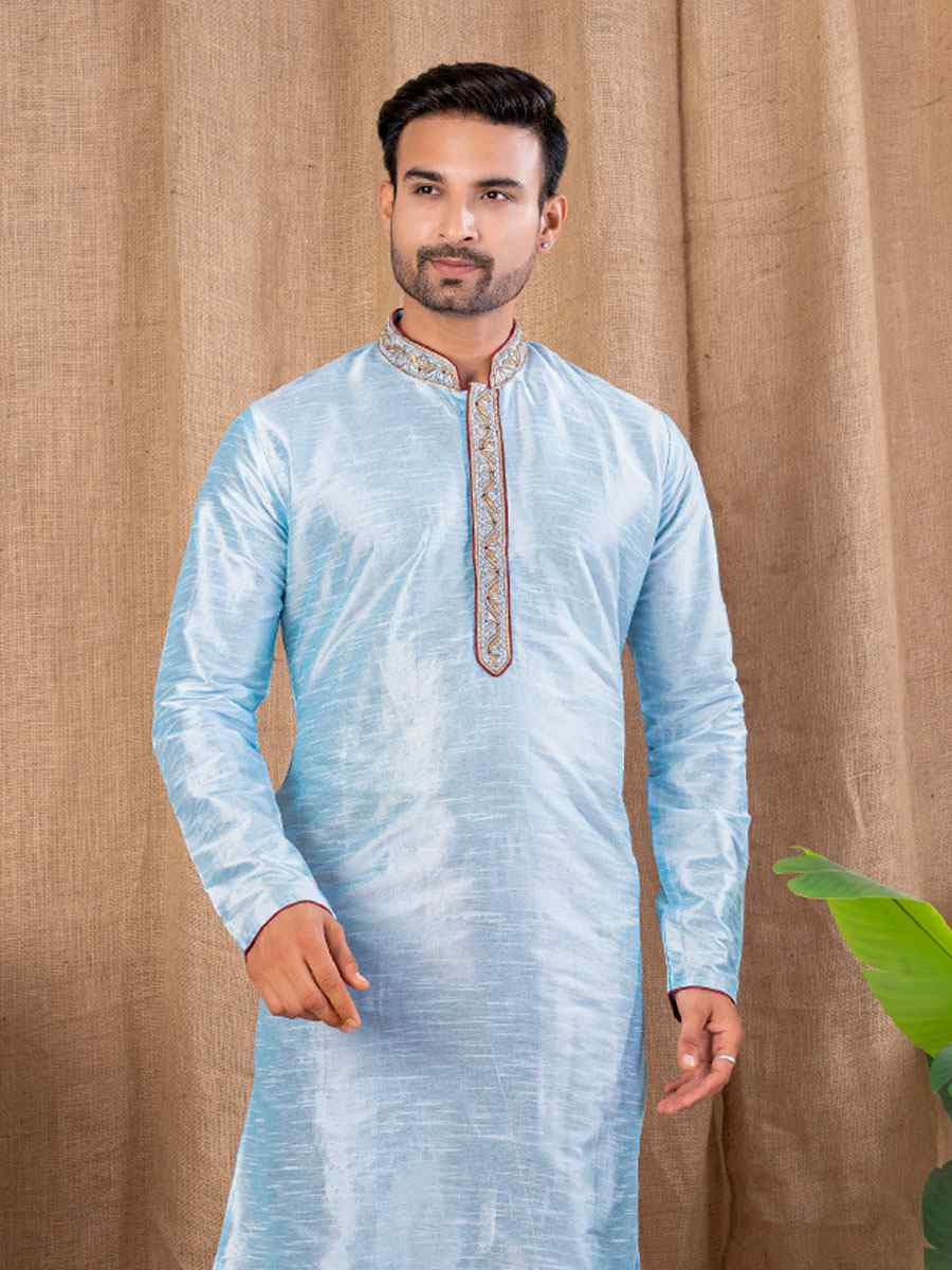 Sky Blue Art Silk Embroidery Festival Wedding Party Mens Kurta