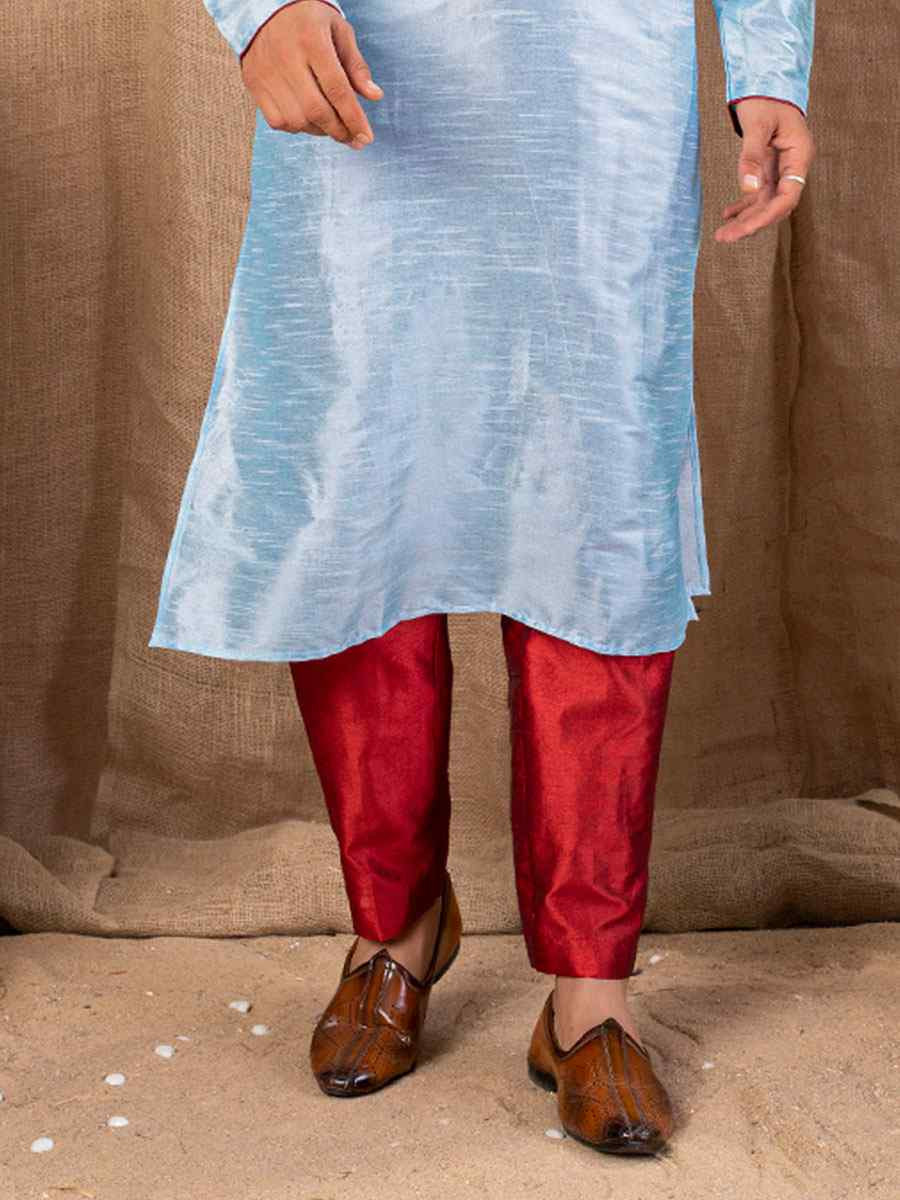 Sky Blue Art Silk Embroidery Festival Wedding Party Mens Kurta