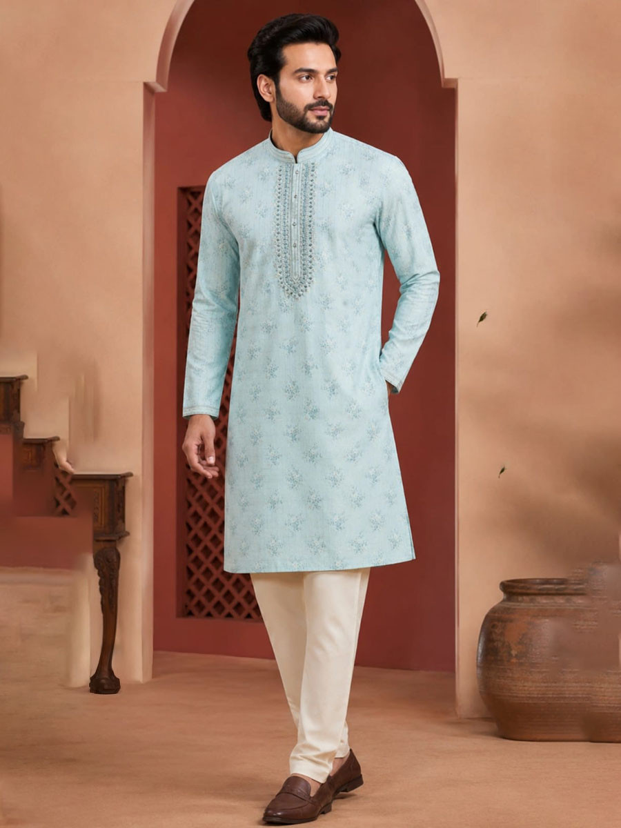 Sky Blue Art Silk Embroidery Printed Wedding Party Festival Casual Mens Wear Kurta