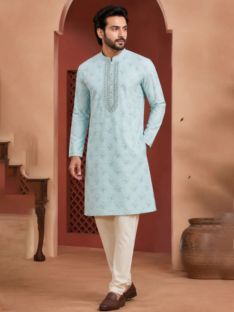 Image of Sky Blue Art Silk Embroidery Printed Wedding Party Festival Casual Mens Wear Kurta
