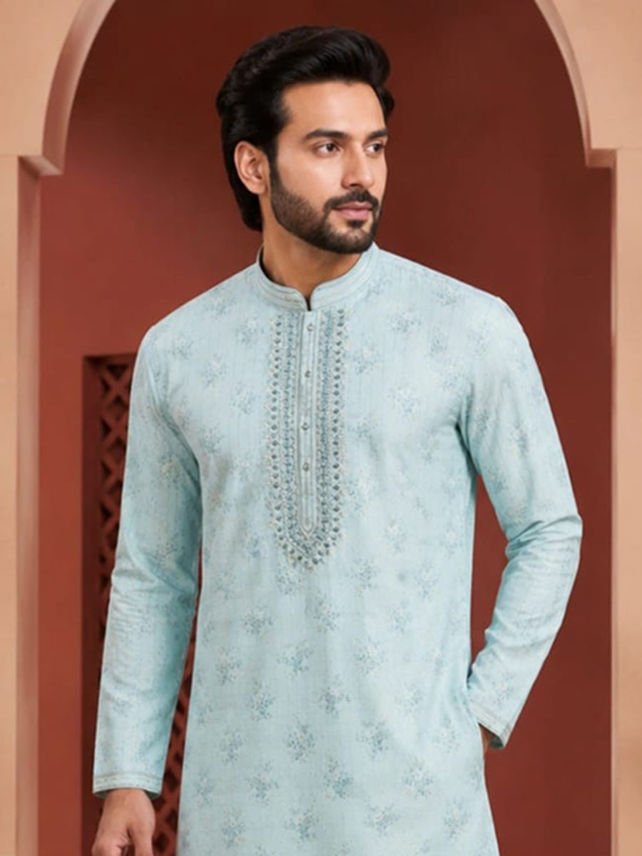 Sky Blue Art Silk Embroidery Printed Wedding Party Festival Casual Mens Wear Kurta